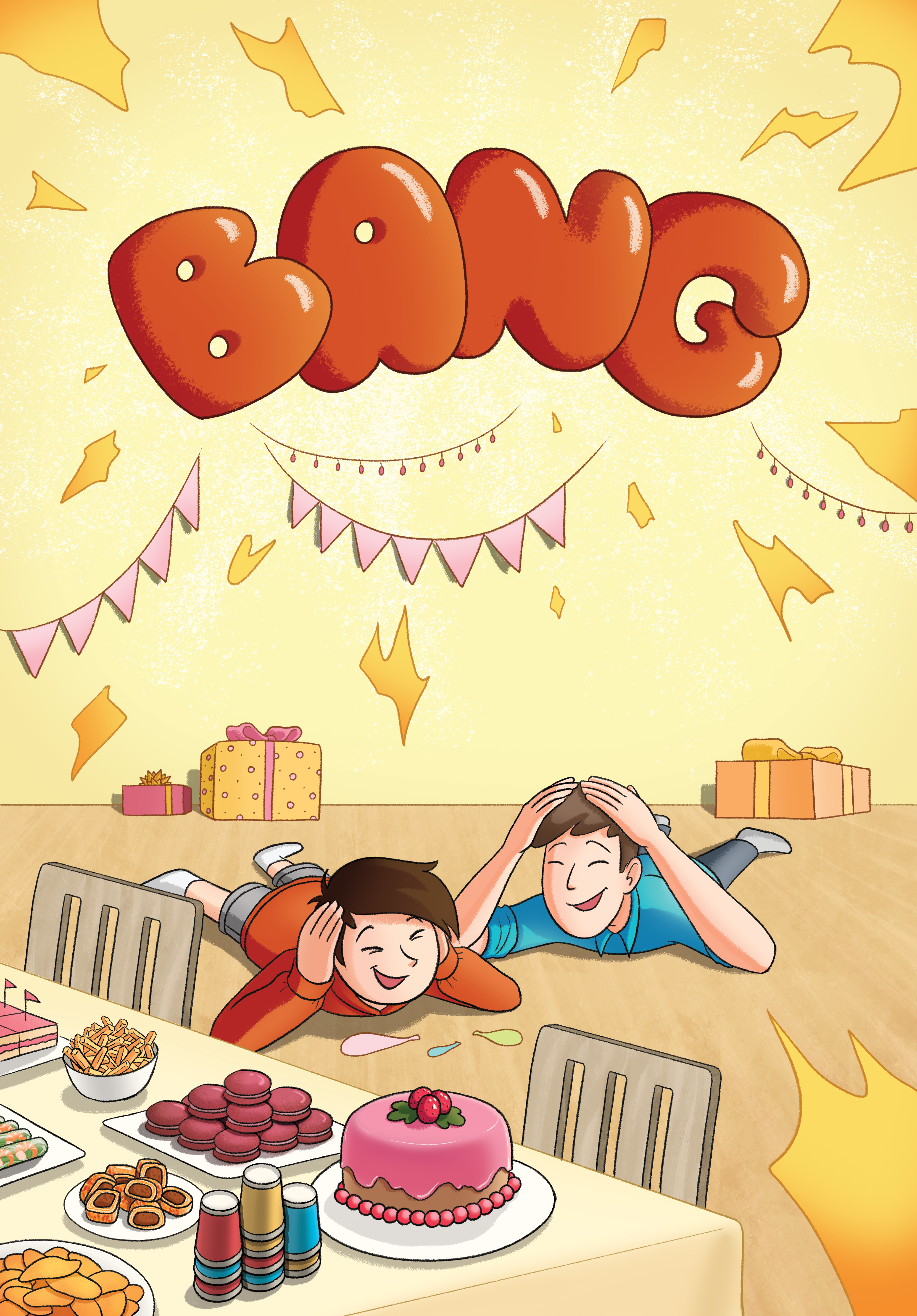 Party scene with Bean and Meabo ducking from a loud bang